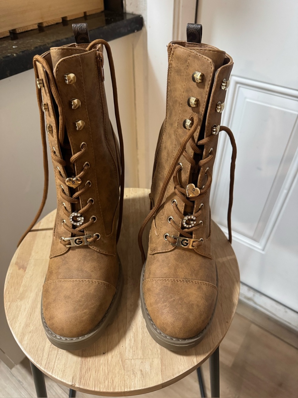 Women's Tan Lace-Up Combat Boots with Gold Accents